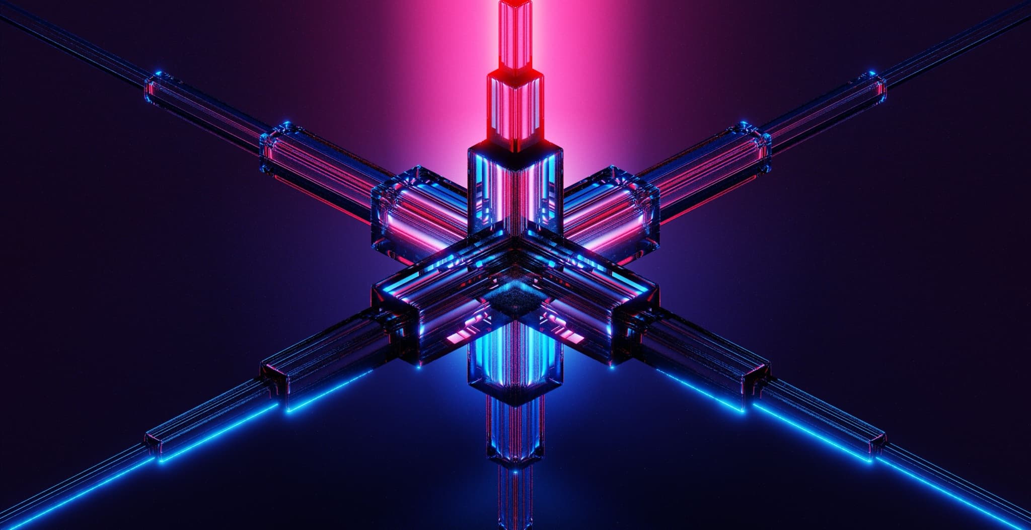 An abstract 3D rendering of glowing blue and red X-shaped structural beams against a dark background.